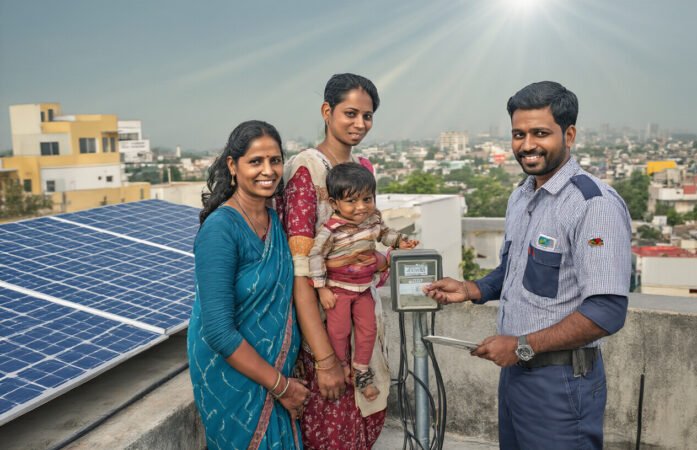 Family photo with installation of solar panels.