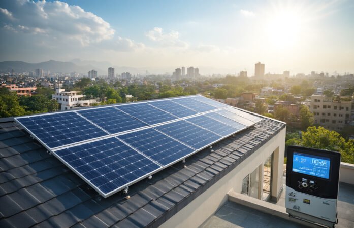 Solar panel installed on urban area home.