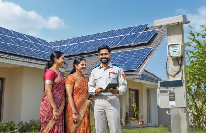 This image contains family getting ghar ghar solar panel offer